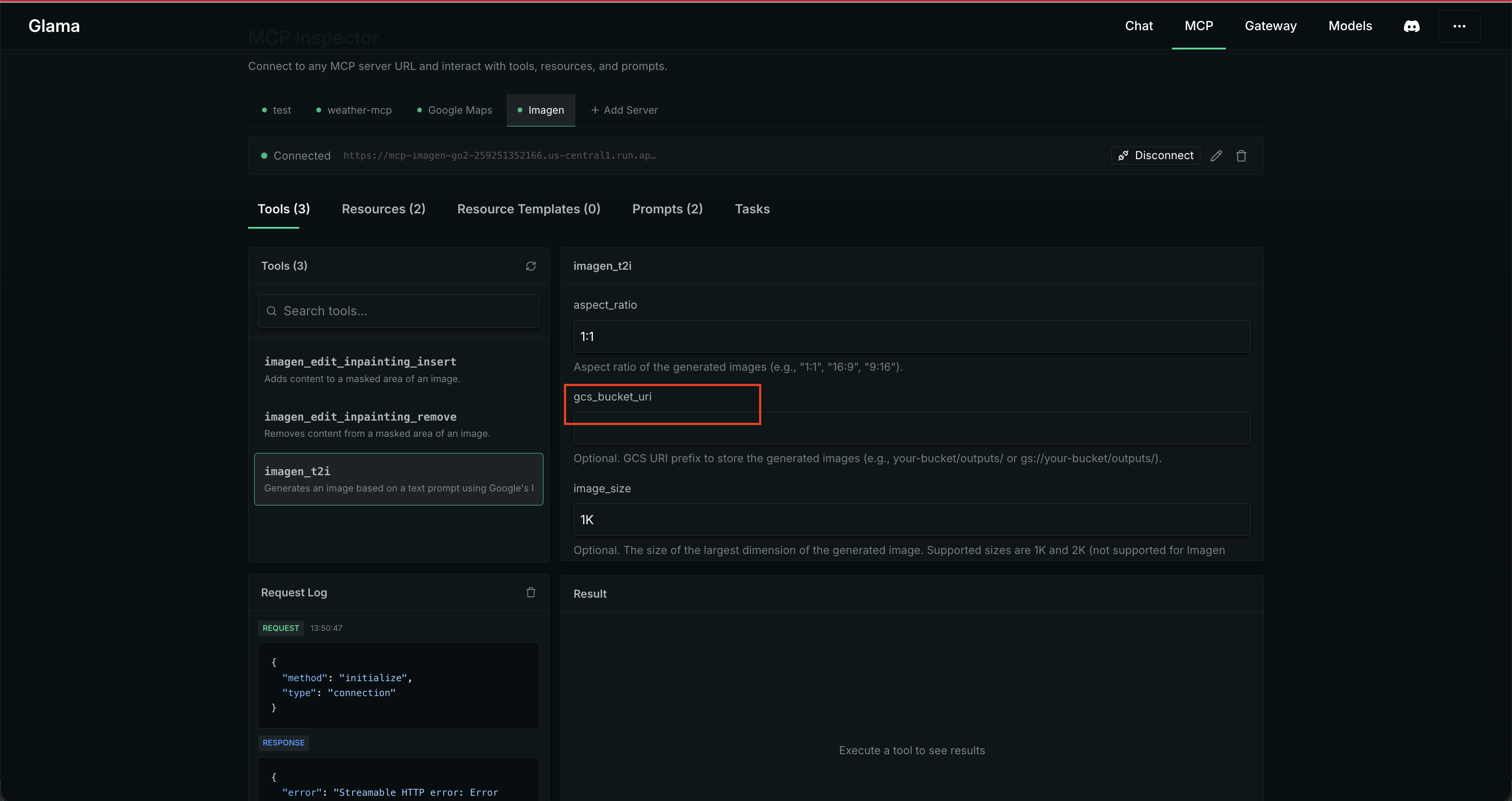 Imagen in Glama Inspector - GCS option